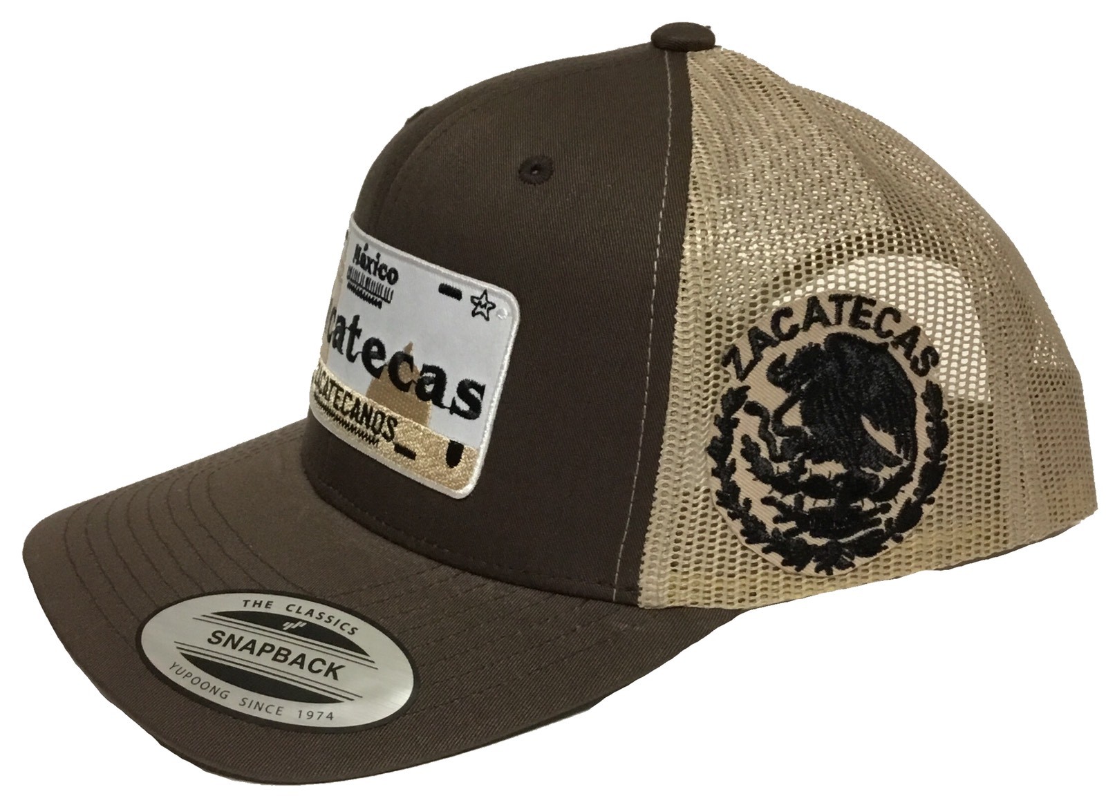 PLACA DE ZACATECAS LOGO FEDERAL MEXICO HAT BROWN KHAKI 2 LOGOS MESH TRUCKER