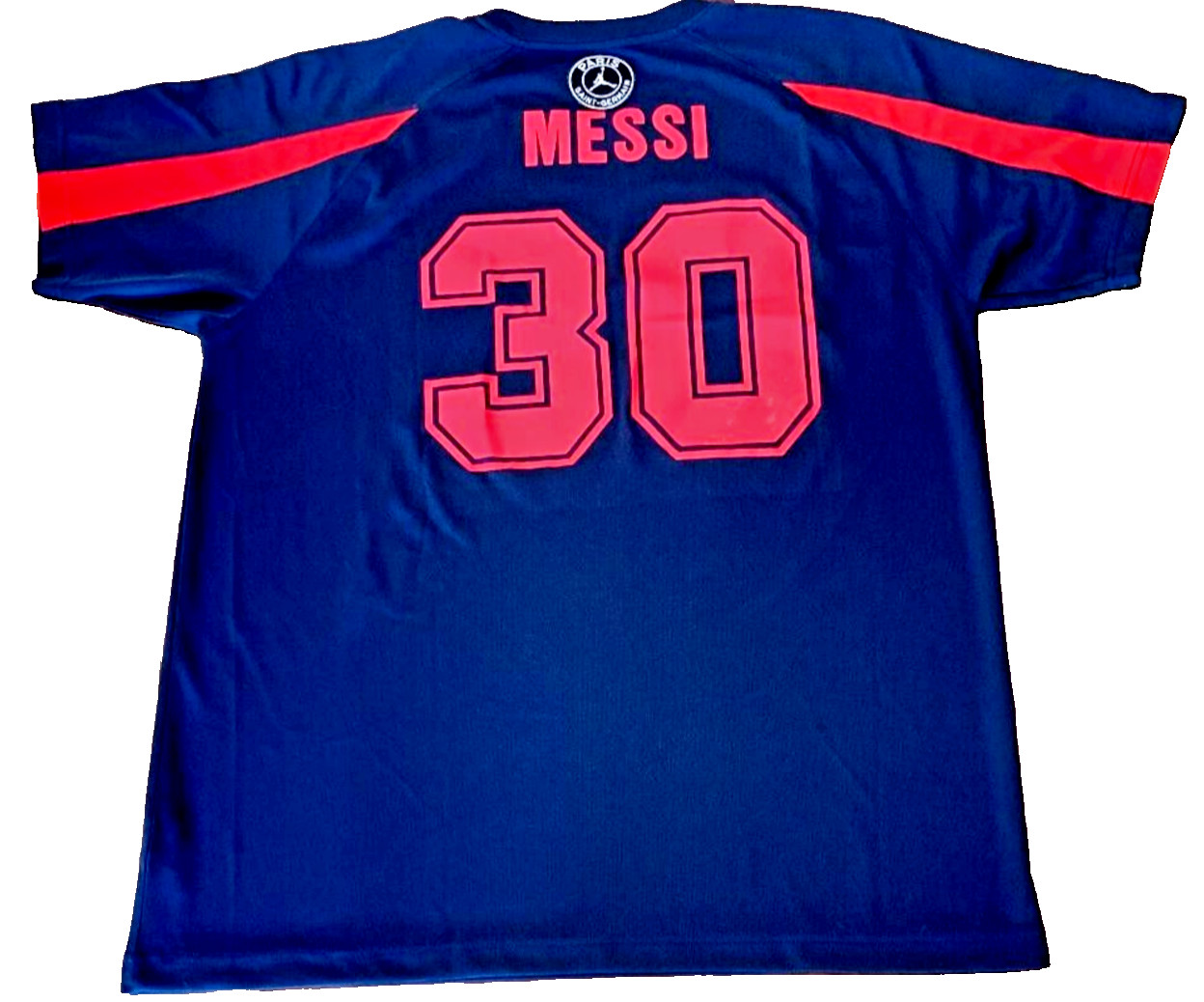 Lionel Messi Navy Concept XL Shirt/Jersey w/30 & Jordan+PSG patches. 24″x30.75″