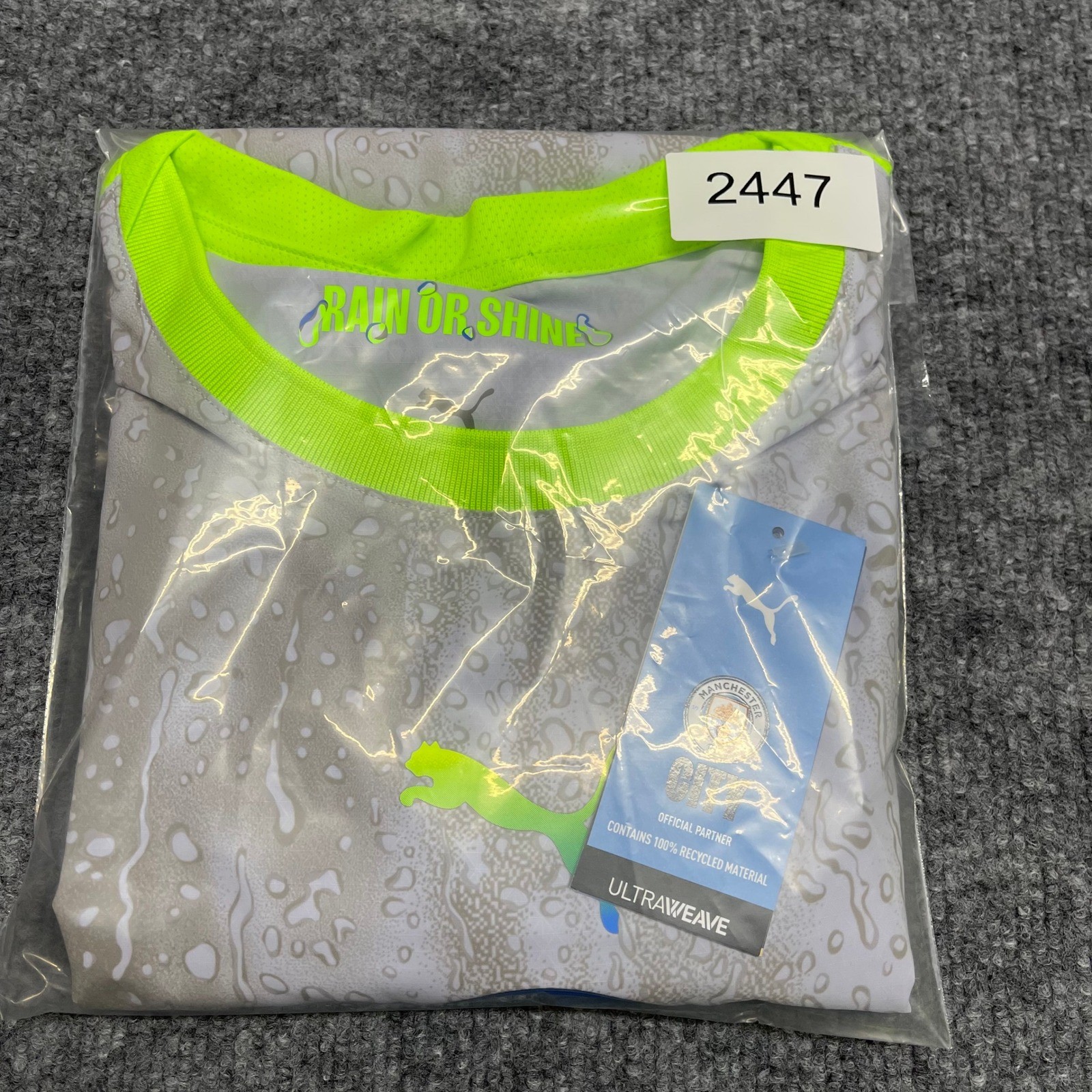 Manchester City Jersey Mens Large Gray Neon Green Puma Third Kit Authentic Rain