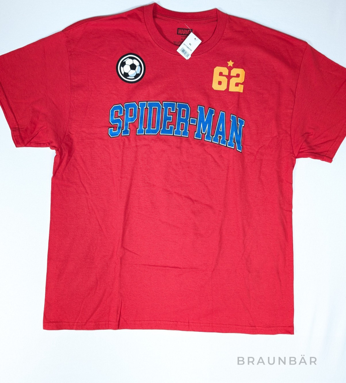 Marvel Spiderman Soccer Jersey Style Shrit Mens XL Red Back Print Logo Tee NWT