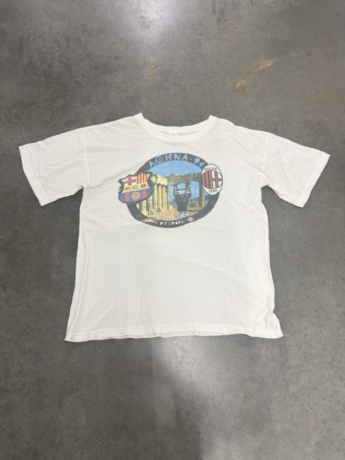 FC Barcelona Ac Milan 90s Soccer White T Shirt Vtg XL European Champions RARE