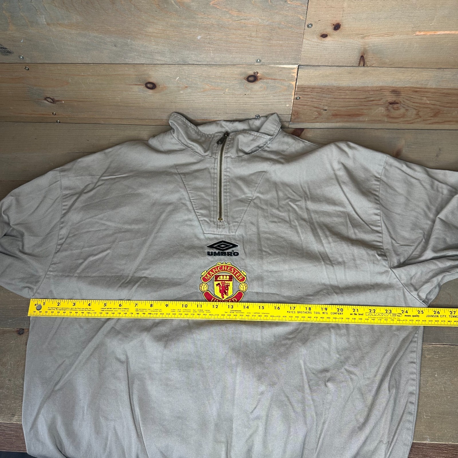 Vintage Umbro Manchester United 1/4 Zip Pullover Jacket Mens XL Beige Tan