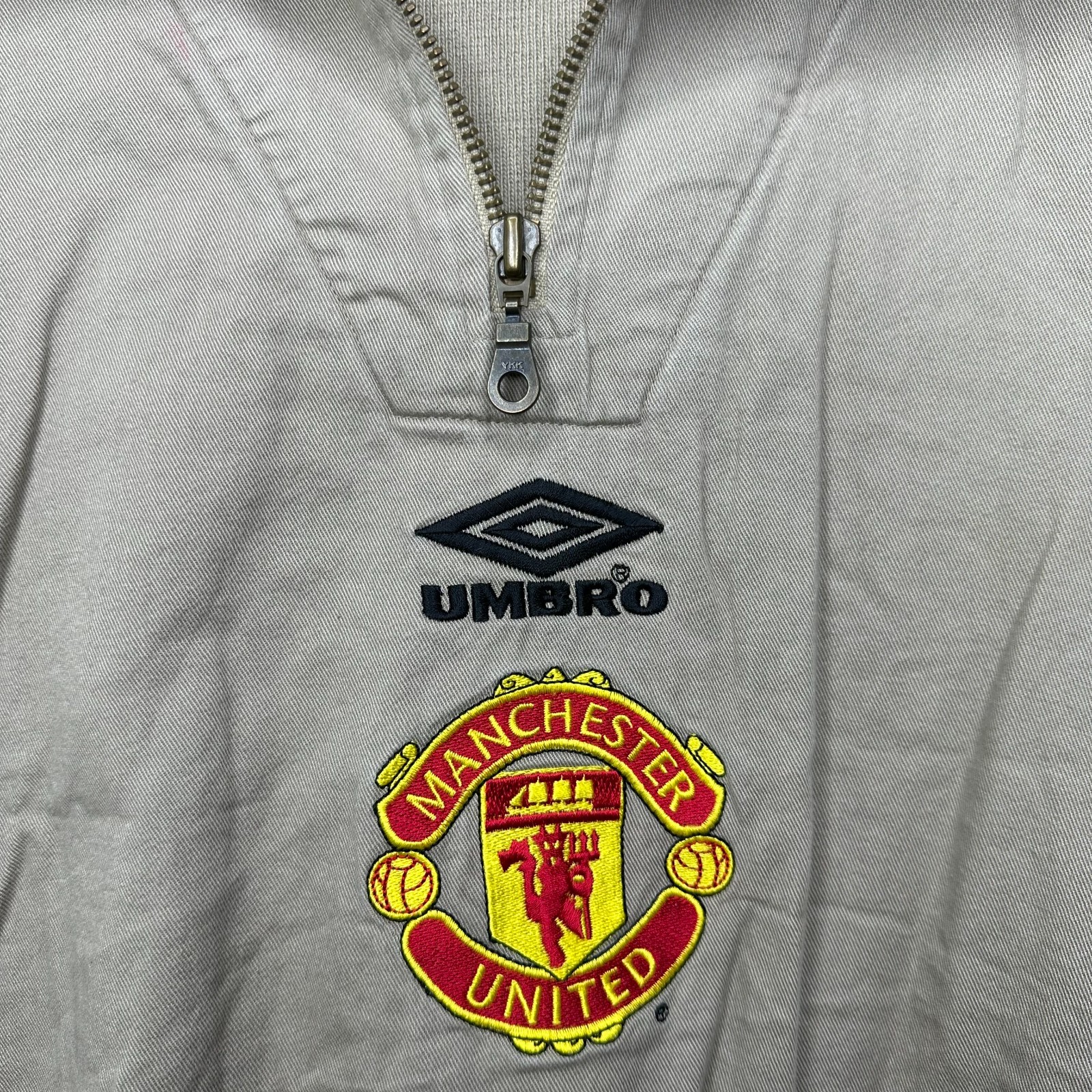 Vintage Umbro Manchester United 1/4 Zip Pullover Jacket Mens XL Beige Tan
