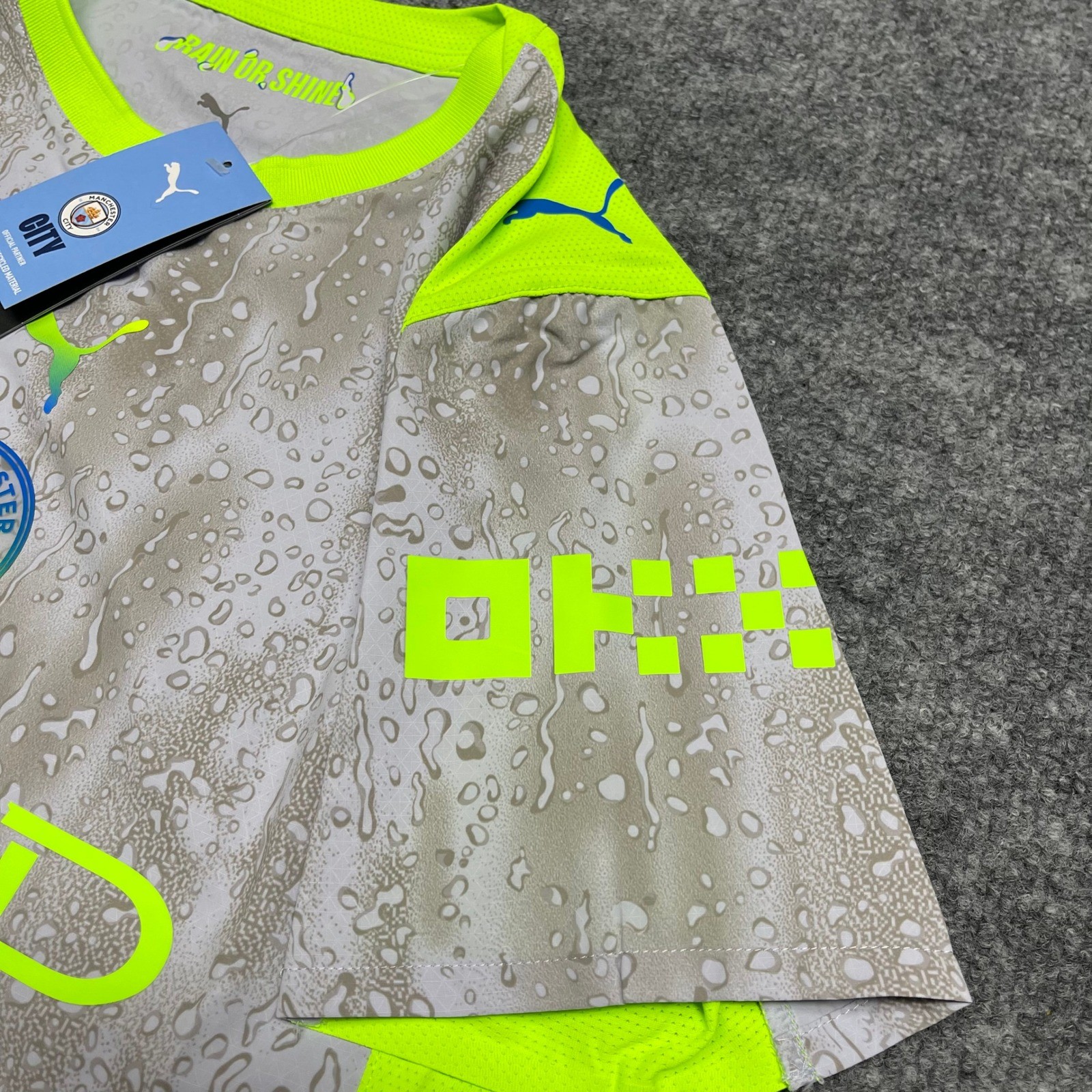 Manchester City Jersey Mens Large Gray Neon Green Puma Third Kit Authentic Rain