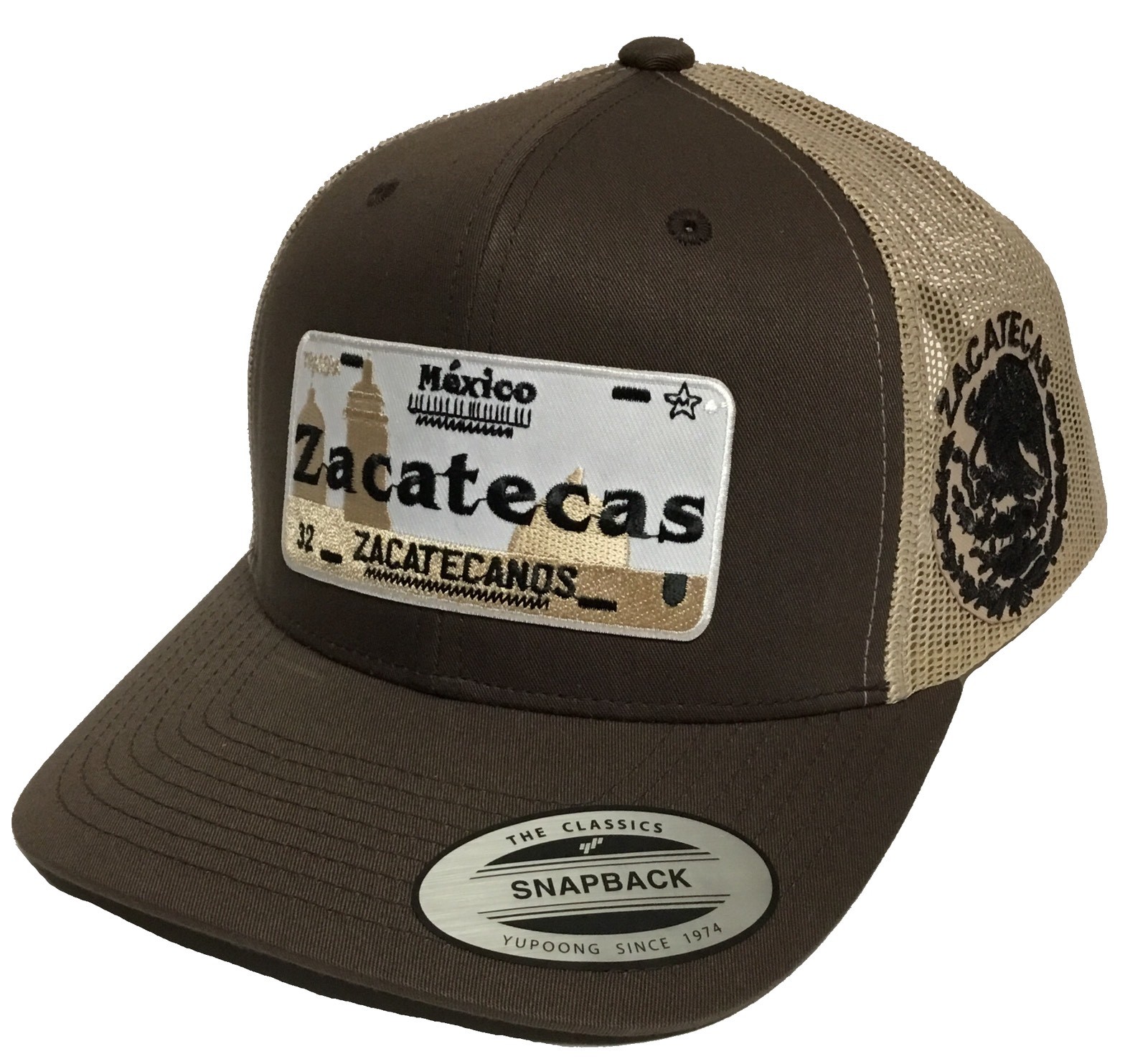PLACA DE ZACATECAS LOGO FEDERAL MEXICO HAT BROWN KHAKI 2 LOGOS MESH TRUCKER
