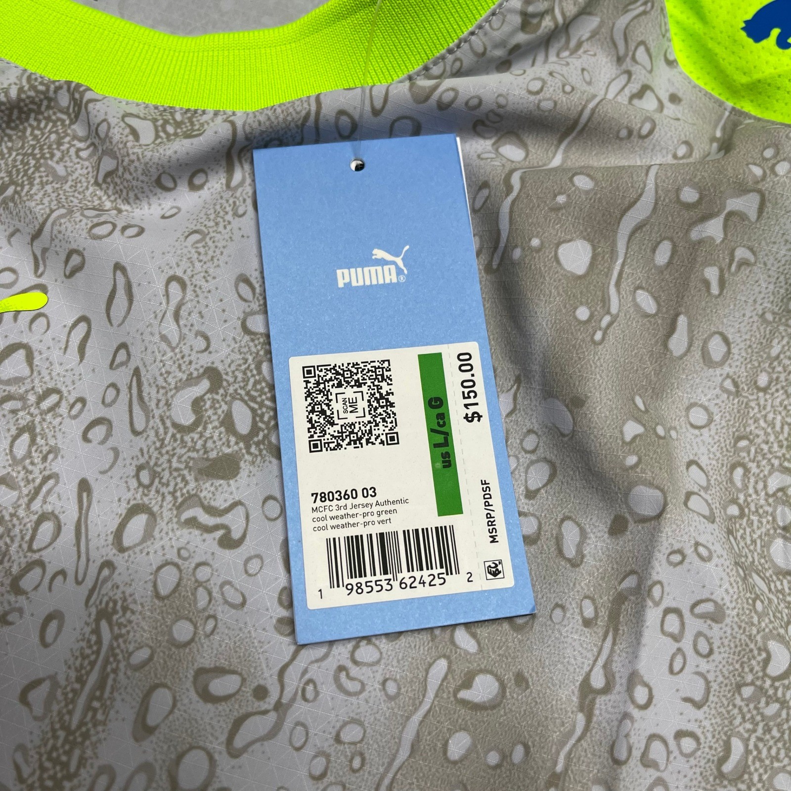 Manchester City Jersey Mens Large Gray Neon Green Puma Third Kit Authentic Rain